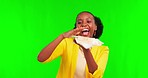Money dance, rich and black woman on green screen after winning the lottery, jackpot or bonus. Celebrate, excited and a dancing African girl with cash from the casino isolated on a studio background