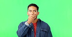 Shocked, surprise and face of man on green screen for news, gossip and notification. Mockup, announcement and alert with portrait of person on studio background for wow, advertising and drama