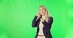 Green screen, woman face and call me hand sign in studio for advertising, news or communication on mockup background. Portrait, phone call and gesture by lady person with review or promo announcement