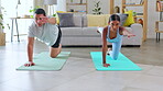 Yoga, stretching and couple fitness in living room, muscle health and exercise, workout or holistic training at home. Flexibility, balance or focus of people in pilates, zen class or wellness support