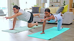 Couple, yoga in living room and balance, zen with fitness and bonding at home together. Exercise, meditation and interracial people with core strength and workout in apartment, pilates and training