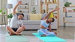 Couple, yoga and stretching in home for fitness, wellness and self care on floor with peace, mindfulness and health. Man, woman and training together with pilates, partnership and workout in house