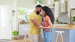 Happy couple, dance and people with love, care and trust in a home or apartment bonding together with music. Romantic, man and woman enjoying romantic quality time in an intimate moment and happiness