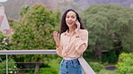 Phone call, balcony and a business woman talking outdoor with a nature view from her workplace. Mobile, contact and communication with a happy female employee in work conversation or networking