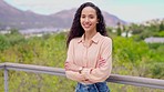 Portrait of businesswoman on balcony with smile, arms crossed and confidence in remote work. Nature, garden and proud woman on terrace, young professional conservation worker or happy botanist at job