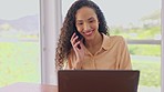 Remote work, happy woman with laptop and phone call for networking, planning and discussion for project manager. Smile, cellphone and home office, virtual assistant or planner at desk with computer.