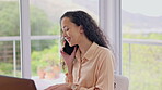 Phone call, laptop and woman work from home support, networking and advice, helping or communication. Planning, conversation and multimedia of african person talking on mobile, computer or happy chat