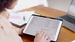 Hands, tablet and woman on screen with numbers, data and analysis of business, report or market research information. Scrolling, person or analyst to review of financial progress, growth or profit