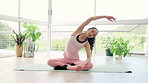 Fitness, stretching and woman in yoga studio for exercise and workout with muscle health and body wellness. Flexibility, pilates and sports person with focus on floor for holistic training or healing