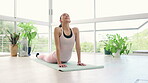 Fitness, stretching and woman in yoga studio for exercise and workout or muscle health and body wellness. Flexibility, pilates and sports person at holiday gym in upward facing dog pose for training