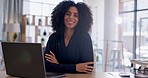 Crossed arms, laptop and businesswoman with confidence in the office while working on a project. Happy, smile and portrait of a professional female lawyer doing legal research for a case in workplace