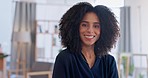 Happy, confidence and face of a businesswoman in the office while working on a company project. Success, smile and portrait of professional female lawyer doing legal research for a case in workplace.