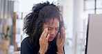 Mental health, businesswoman with headache and stress at her desk in a modern office of her workplace. Problem or mistake, brain fog or burnout and woman with migraine pain at her workstation