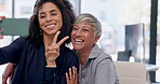 Office selfie, senior woman face and happy team pose for memory picture of agency collaboration, fun or work break. Friends, hug or business people, bonding women or partner post to media company app