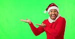 Happy man, christmas portrait and hands showing product placement, deal and excited announcement. Green screen, holiday and xmas hat with festive sale, advertising and male person with celebration