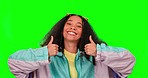 Thumbs up, happy and woman face in green screen studio with hand, sign and thank you mockup background. Smile, portrait and lady with finger emoji for yes, vote or positive review, feedback or agree