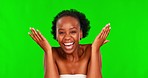 Green screen face, skincare and black woman excited over cosmetics shine, natural facial makeup or glowing skin results. Chroma key aesthetic, self care and happy portrait person on studio background