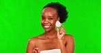 Green screen makeup sponge, face or black woman apply foundation concealer, spa cosmetics or facial product. Chroma key portrait, beauty treatment routine or happy African person on studio background