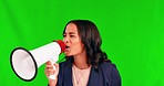 Megaphone, speech and woman with news in green screen studio for announcement on mockup background. Bullhorn, noise and female speaker with microphone for protest, change or justice, feedback or vote