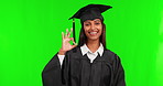 Happy woman, student and okay hand sign on green screen for perfect scholarship on a studio background. Portrait of female person, graduate and OK gesture in perfection for higher education on mockup