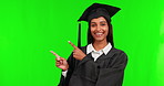 Happy woman, graduate and pointing on green screen for advertising against a studio background. Portrait of female person or student with smile for advertisement in higher education or graduation