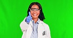 Green screen, face of woman scientist and thumbs up to success, support and ready for lab research in studio. Portrait, glasses and happy female science expert with like emoji, review and agreement