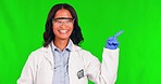 Green screen, face and woman scientist with hand pointing in studio for medical, option or choice on mockup background. Doctor, portrait and female health expert with list, promo or coming soon news