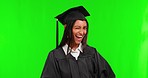 University graduation, green screen and woman in a studio with a wink. happy and flirting expression. Education, smile and portrait of young female college graduate isolated by chroma key background.