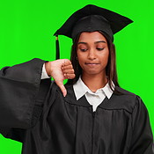 Green screen, portrait and graduate with hand sign for opinion, choice ...