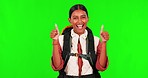 Excited, woman and explorer in a studio with green screen ready for adventure with backpack. Happy, thumbs up and portrait of female traveler with approval gesture for hiking by chroma key background