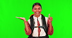 Hiking, thumbs up and product with a woman on a green screen background in studio to explore information. Portrait, presentation or palm with a happy female hiker looking excited against chromakey