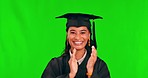 Happy woman, student and applause on green screen for graduation or congratulations against a studio background. Portrait of female person or graduate clapping for diploma or degree on mockup space