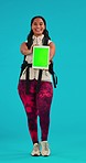 Green screen, hike and woman face with digital tablet in studio for location, search or GPS tracking markers. Travel, screen and lady portrait with map navigation while backpacking on blue background