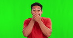 Gossip, green screen or portrait of happy man shocked by an announcement in studio background. Wow, fake news or surprised person with excited, wtf or omg facial expression with hands to cover mouth