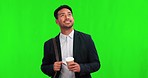 Green screen, business and Asian man walking, smile and employee against a studio background. Male person, Japanese and entrepreneur with coffee, professional and career with happiness and success