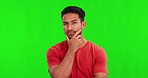 Thinking, doubt and face of an Asian man on a green screen for a solution, planning or ideas. Serious, question and portrait of a young person with a problem in mind isolated on a studio background