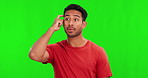 Thinking, solution and man on green screen with brainstorming emoji or confused face for fashion inspiration. Casual, tshirt and asian person with memory, remember or ideas on a studio background