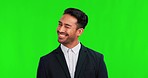 Business man, smile and wink on green screen for flirting or happy mindset and motivation. Portrait of professional asian person in corporate clothes on studio background for good review or feedback