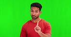 Face, green screen and man with no, shake head and rejection against a studio background. Portrait, male person and model with hand gesture, bad news and refuse with review, feedback and frustrated