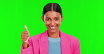 Thumbs up, happy and face of woman on green screen for support, motivation and agreement. Success, winner and vote with portrait of person on studio background for feedback, thank you and yes emoji