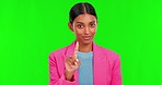 Green screen, face and no finger by Indian woman with hand, sign or warning on isolated mockup background. Warning, rejection and portrait of female person with emoji for stop, threat or forbidden