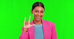 Face, woman and sign language of love on green screen for emotion, care or hope. Rock emoji, horn hands or portrait of indian female person with positive gesture of kindness, joy or support in studio
