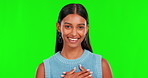 Woman, sign language and thank you on green screen with a smile, hand gesture and fashion. Happy Indian person portrait on a studio background for deaf communication, gratitude and disability