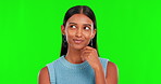 Thinking, yes and woman on green screen with brainstorming emoji or decision for beauty inspiration. Youth, makeup and face of indian person for solution, ideas and agreement on a studio background