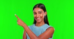 Green screen, face and woman pointing to checklist of mockup space, menu or advertising timeline in studio. Happy portrait, indian female model or steps to info, promotion and plan of sign up process