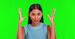 Face, green screen and woman with a surprise, mind blown and announcement against a studio background. Portrait, female person and model shocked, news and wow with expression, ideas and explosion