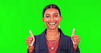 Thumbs up, winner and face of woman on green screen for support, motivation and agreement. Success, happy and vote with portrait of person on studio background for feedback, thank you and yes emoji