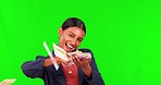 Happy woman, money and winning on green screen in financial freedom against a studio background. Portrait of female person smile with cash in celebration for lottery, prize or loan savings on mockup