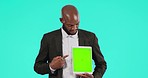 Tablet, green screen and business man presentation for mistake, bad results and wrong, risk or warning. Digital, information and problem or nope with face of african person on studio background nope