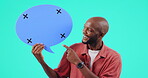 Speech bubble, face and man pointing to communication, social media opinion and talk, news or voice. African person, chat or forum mockup space and quote sign, studio background and tracking markers